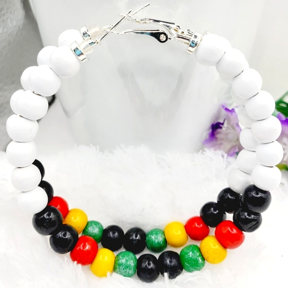 Rasta hoop earrings, African earrings with wooden beads, large hoop earrings 2.8 - Picture 2 of 8